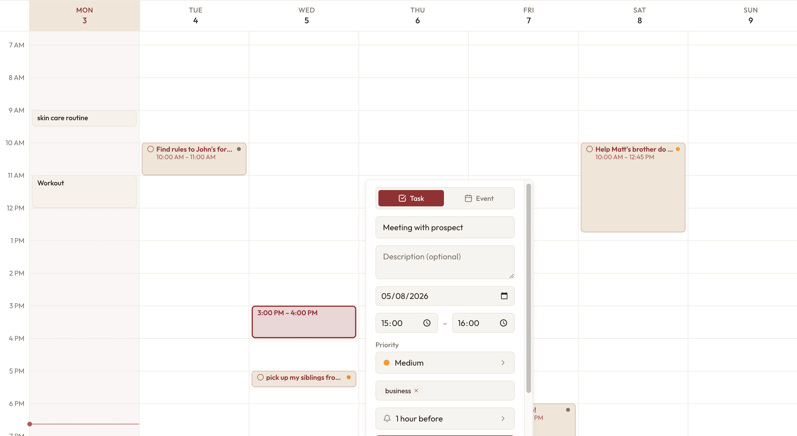 The week view, with a task open for editing beside the day's other blocks